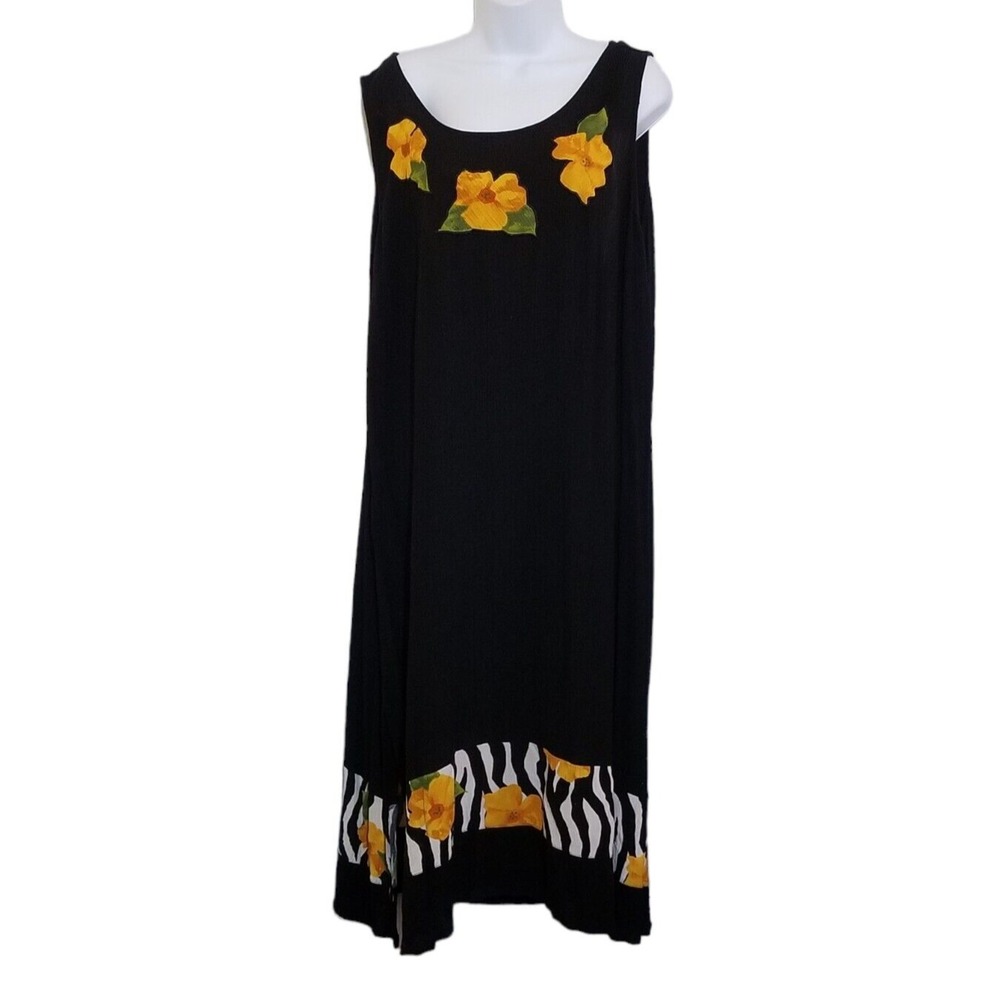B•O•P Dress Women's 1X Black Crinkle Yellow Flowers Midi Vintage Sleeveless